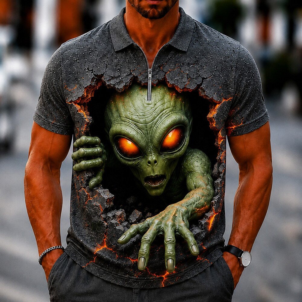 Men's Cool Alien Print Short Sleeve Sporty Zip Polo