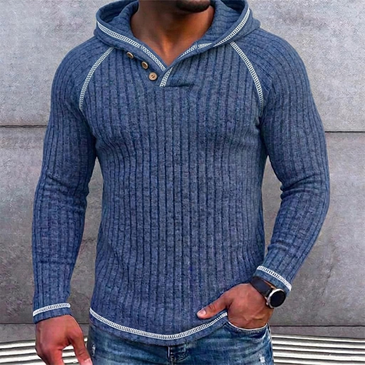 Ribbed Button-Neck Hoodie