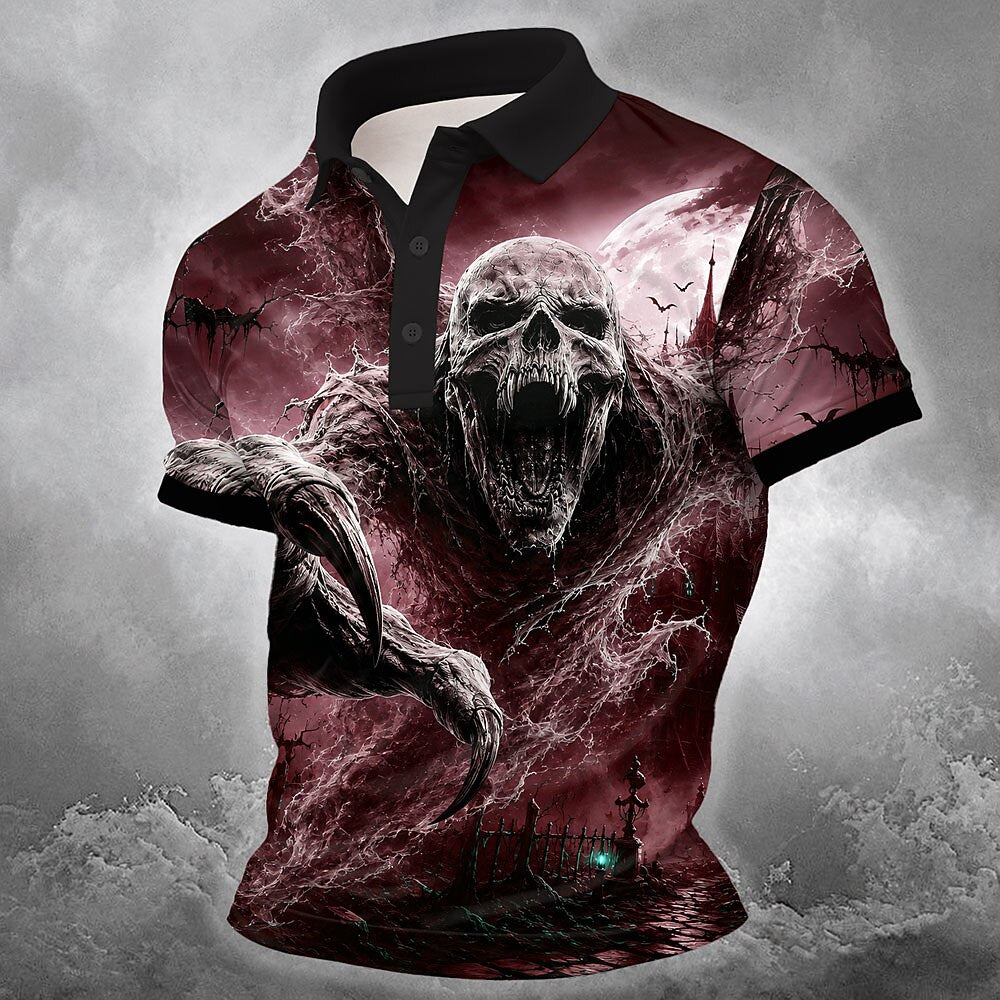 Men's Screaming Skull Print Short Sleeve Gothic Polo Shirt