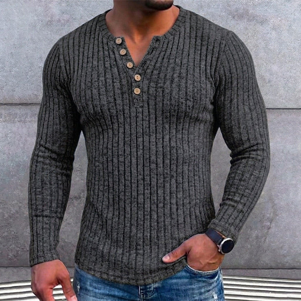 Ribbed Henley Long Sleeve T-Shirt