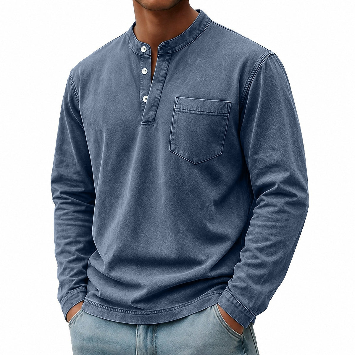 Washed Pocket Henley Long Sleeve T-Shirt