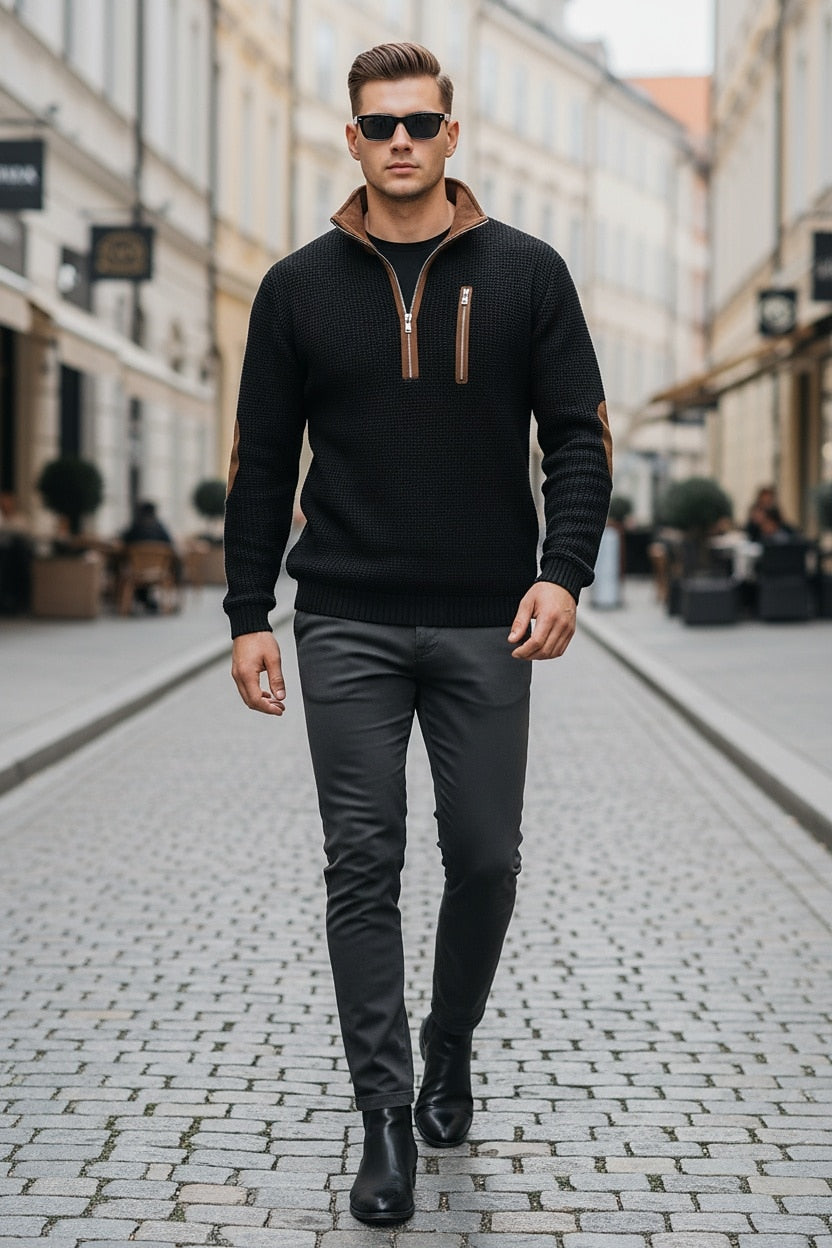 Contrast Elbow Waffle Quarter-Zip Top