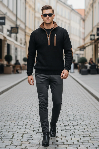 Contrast Elbow Waffle Quarter-Zip Top