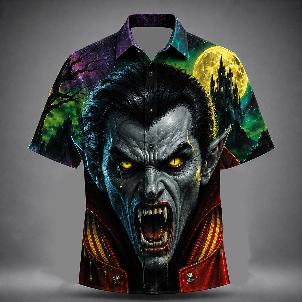 Men's Werewolf Monster Print Short Sleeve Horror Button-Down Shirt