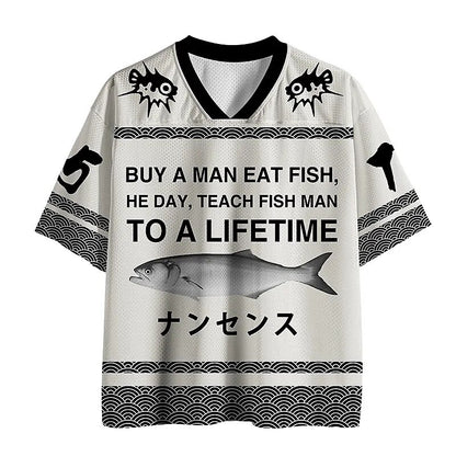 Men's White Fish Number Graphic Print Short Sleeve Sports Jersey T-Shirt