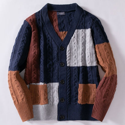 Patchwork Cable V-Neck Cardigan