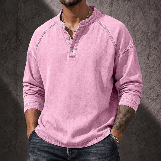 Vintage Washed Button-Neck Henley Long Sleeve T-Shirt