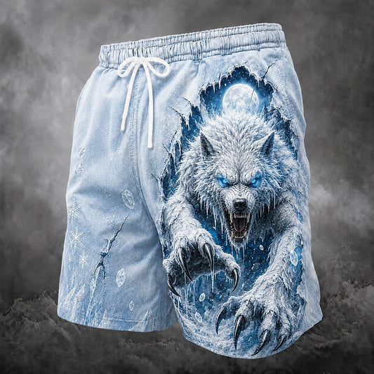 Men's Ice Wolf Print Mid-Length Dark Swim Shorts
