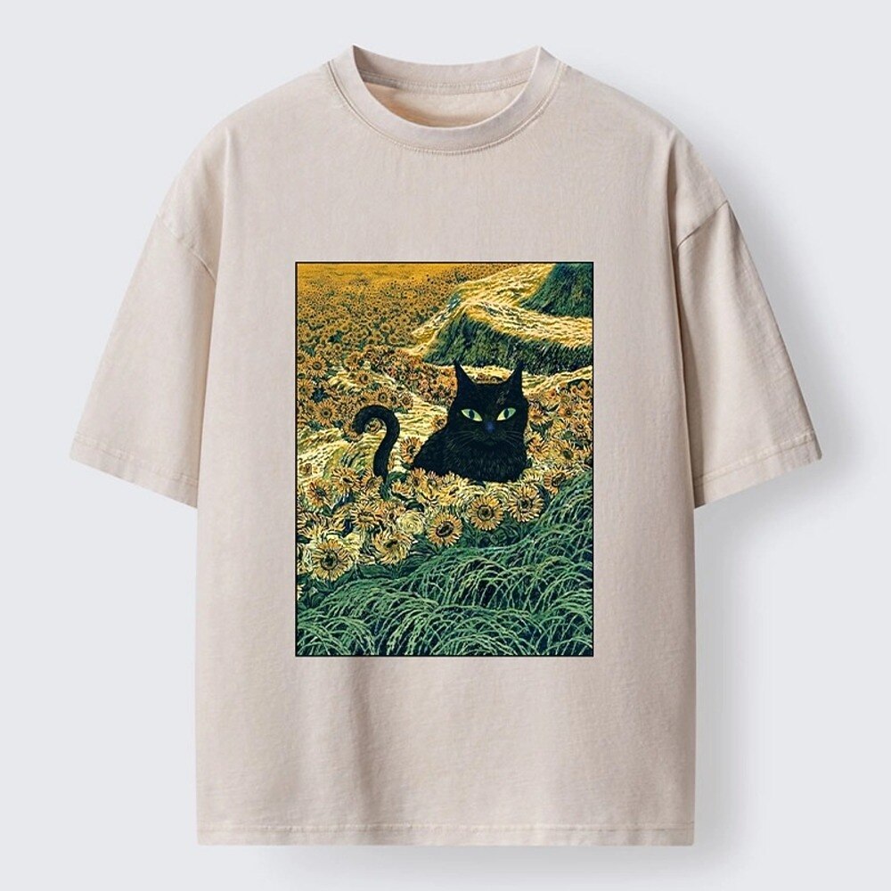 Japanese Style Sunflower Cat Washed T-Shirt
