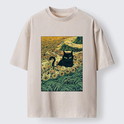 Japanese Style Sunflower Cat Washed T-Shirt