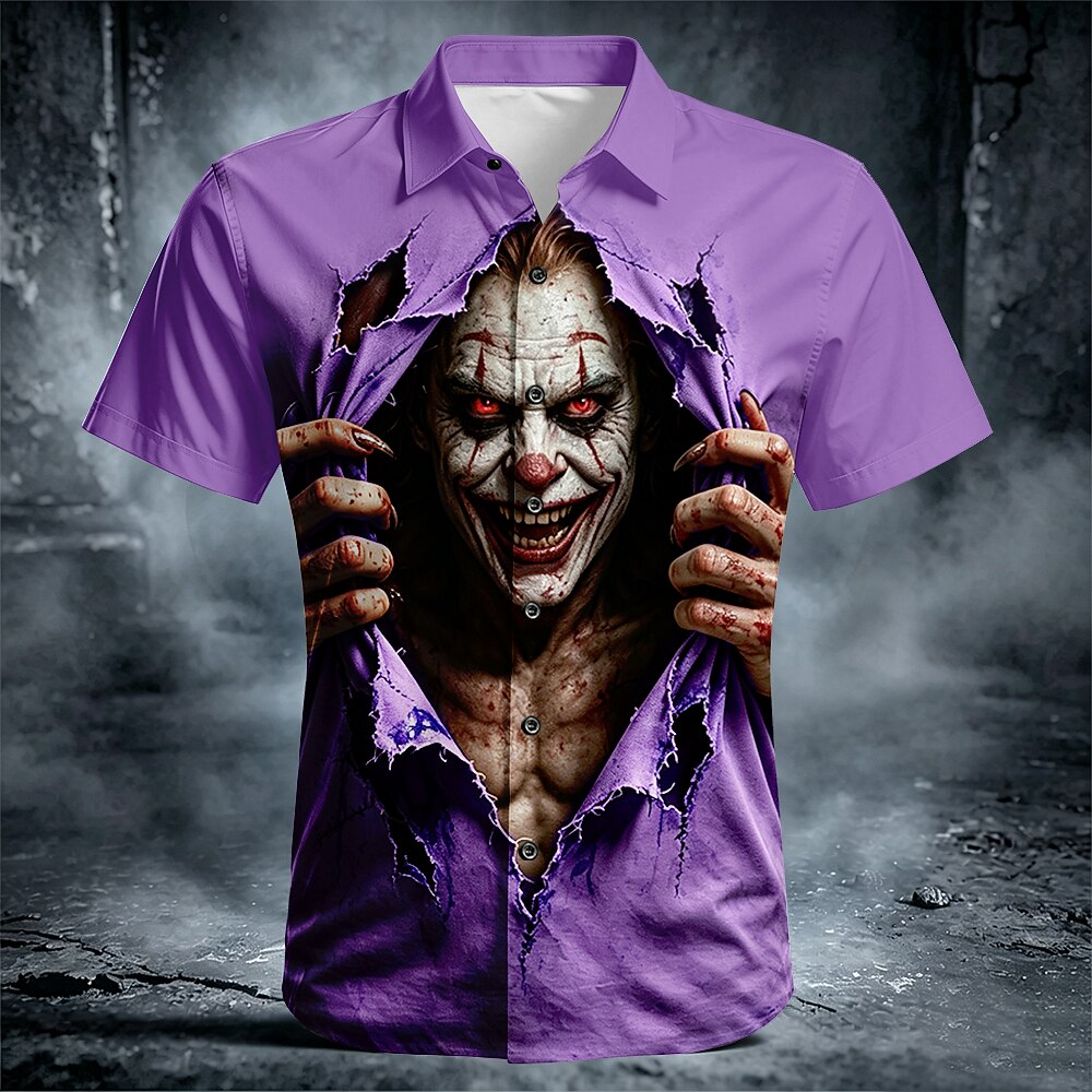 Men's Creepy Clown Breakout Print Short Sleeve Horror Button-Down Shirt