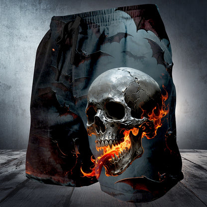 Halloween Men's Flaming Skull Graphic Drawstring Shorts