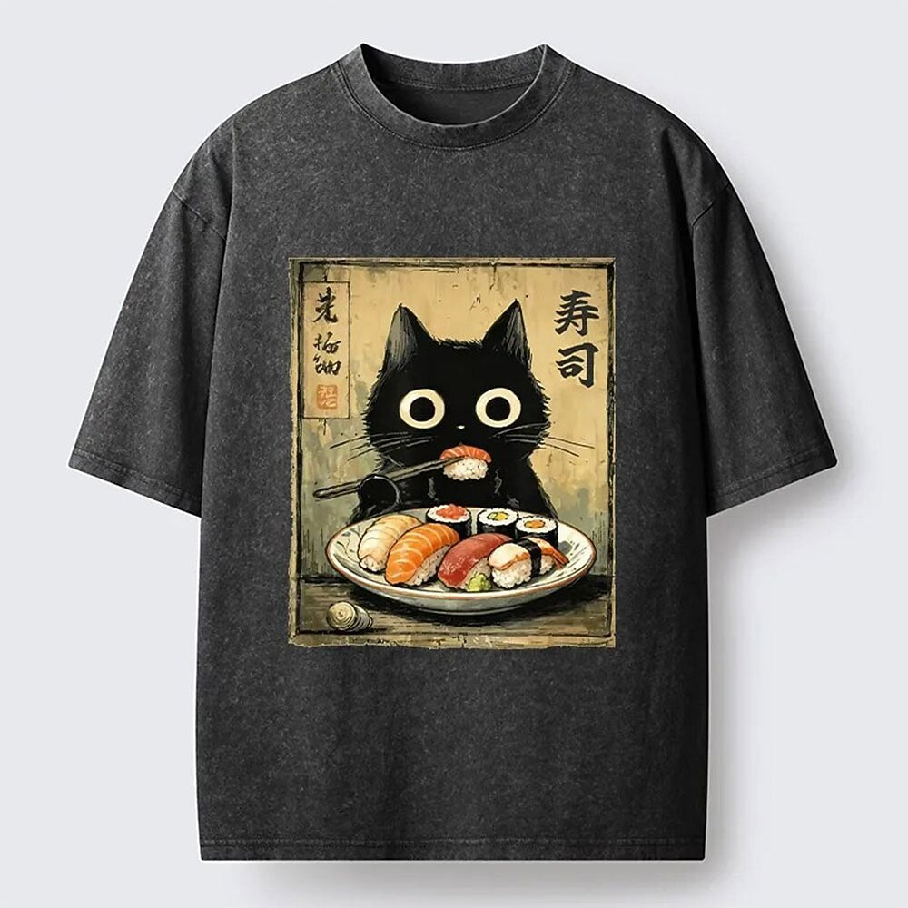 Men's Black Cat Ramen Graphic Washed Cotton T-Shirt