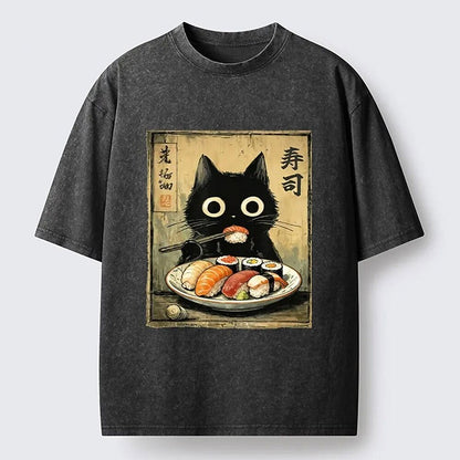 Men's Black Cat Ramen Graphic Washed Cotton T-Shirt