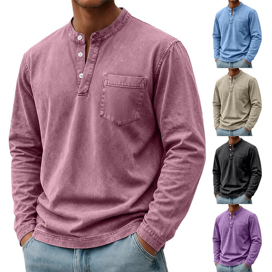 Washed Pocket Henley Long Sleeve T-Shirt