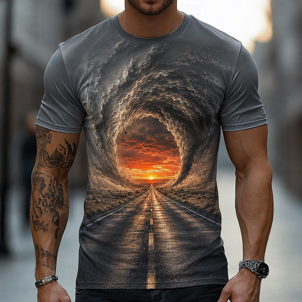 Men's Sunset Road Illusion Print Short Sleeve Designer T-Shirt