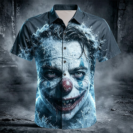 Men's Blue Creepy Clown Print Short Sleeve Horror Button-Down Shirt
