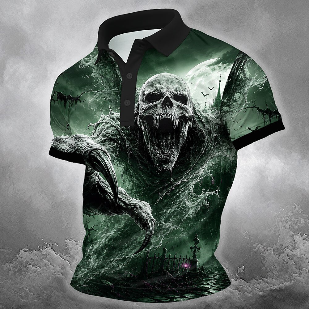 Men's Screaming Skull Print Short Sleeve Gothic Polo Shirt