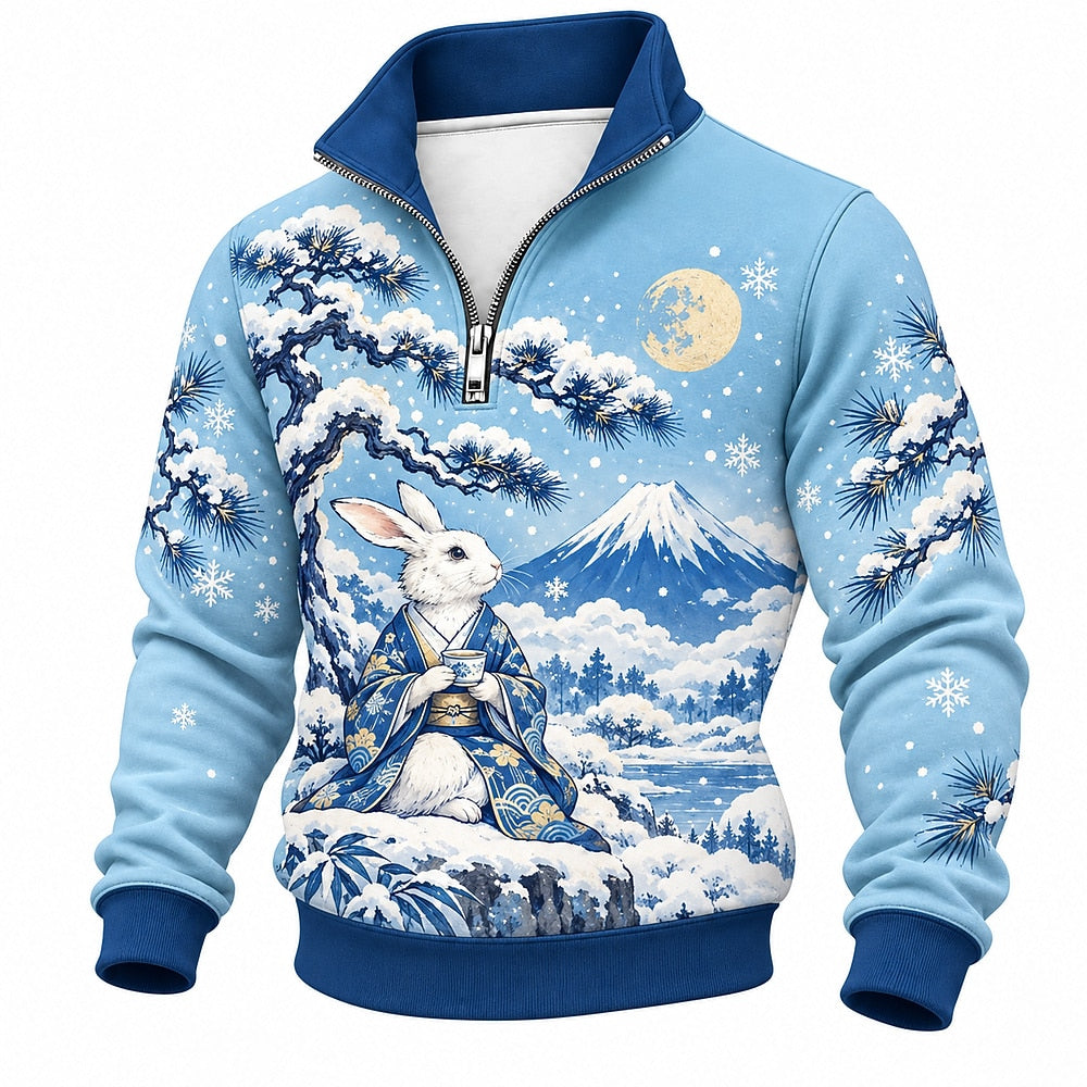 Moonlit Mount Fuji Snow Rabbit Half-Zip Sweatshirt