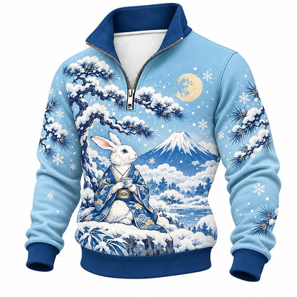 Moonlit Mount Fuji Snow Rabbit Half-Zip Sweatshirt