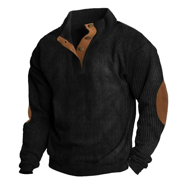 Elbow Patch Corduroy Button-Neck Sweatshirt