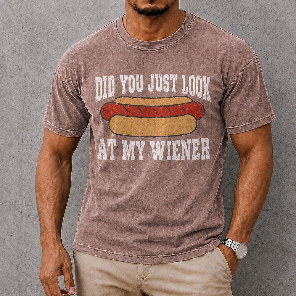 Men's Wiener Joke Quote Print Short Sleeve Acid-Wash T-Shirt