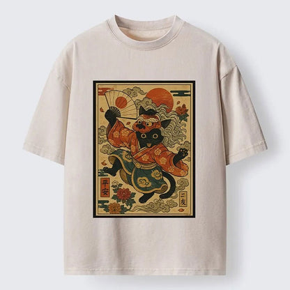 Men's Ukiyo-e Cat Graphic Washed Cotton T-Shirt