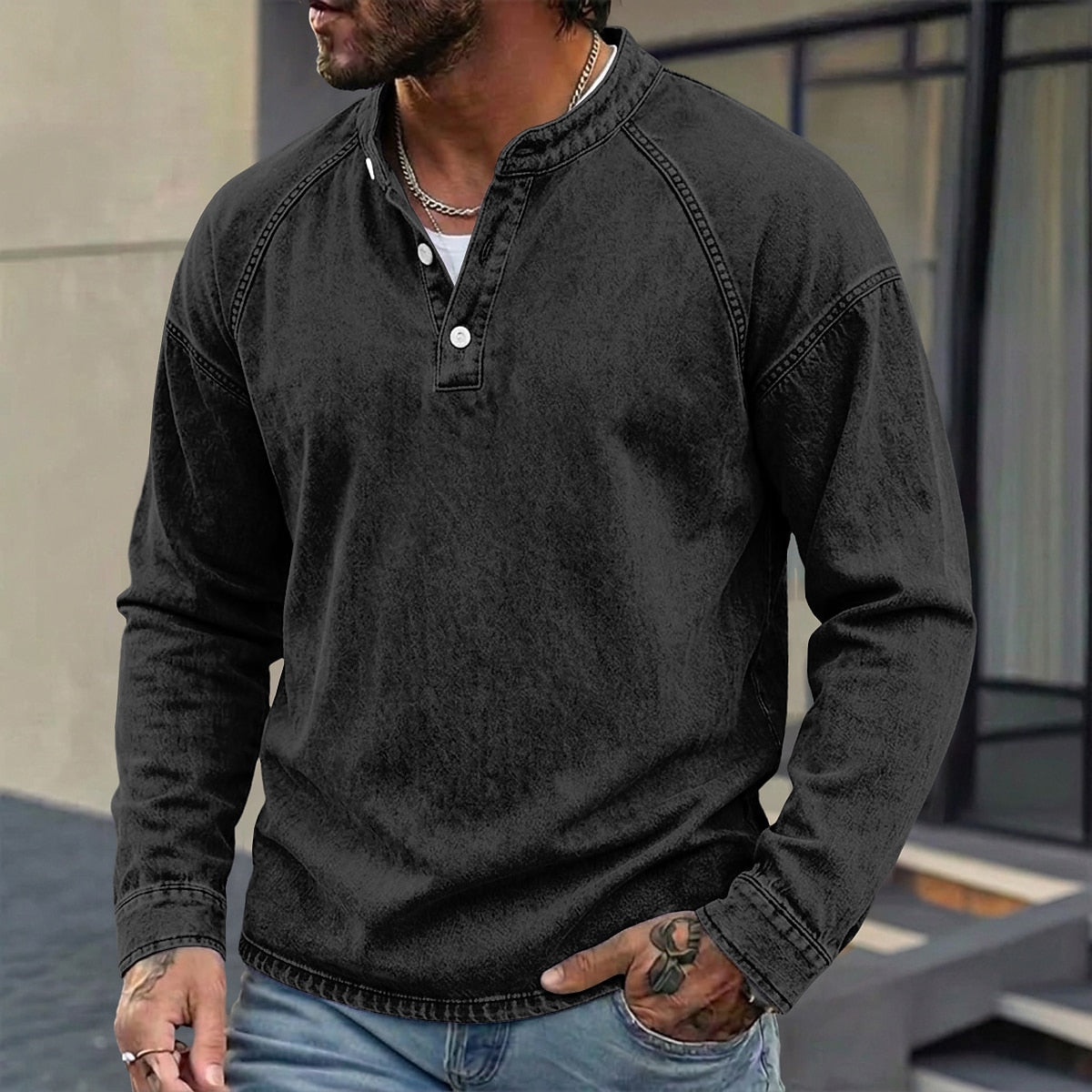 Washed Henley Long Sleeve T-Shirt