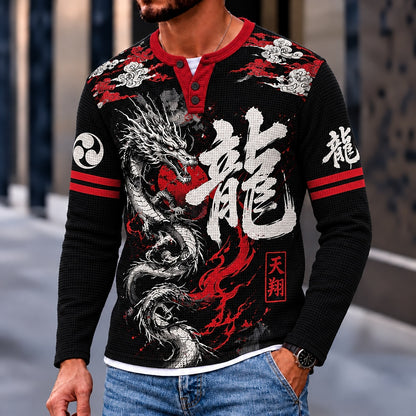 Dragon Flame Calligraphy Henley Long Sleeve T-Shirt