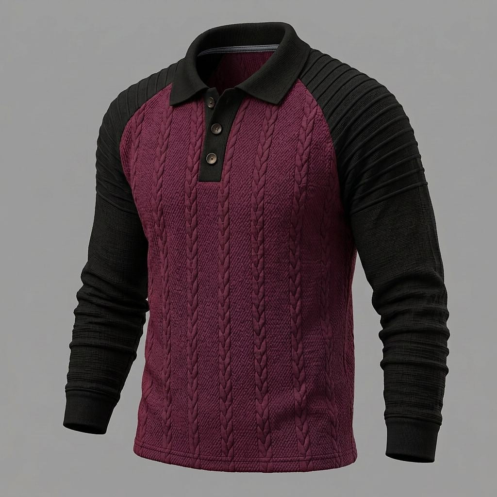 Cable Panel Color Block Long Sleeve Polo
