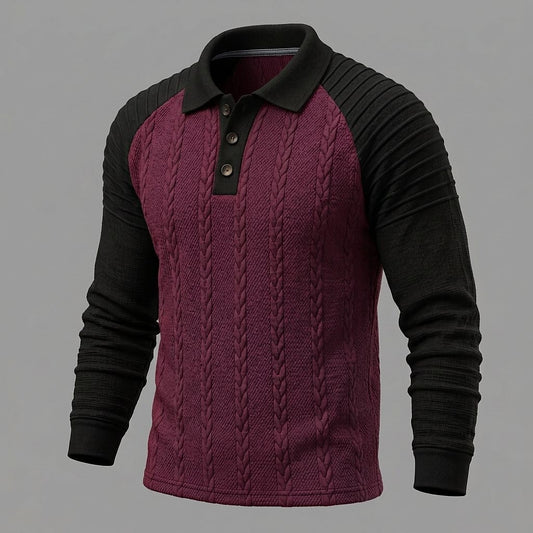 Cable Panel Color Block Long Sleeve Polo