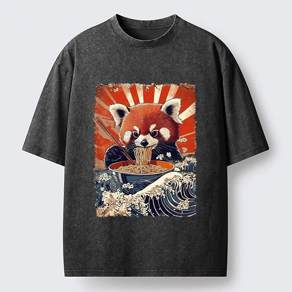 Men's Red Panda Noodles & Great Wave Washed Cotton T-Shirt