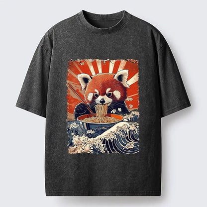 Men's Red Panda Noodles & Great Wave Washed Cotton T-Shirt