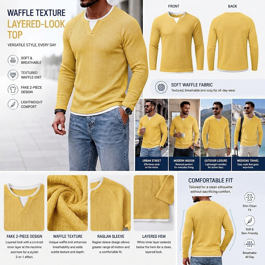 Layered Notch Neck Waffle Henley Long Sleeve T-Shirt