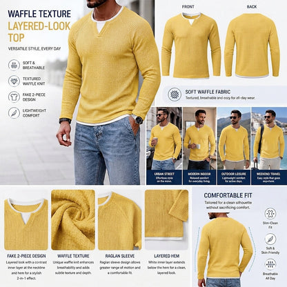 Layered Notch Neck Waffle Henley Long Sleeve T-Shirt