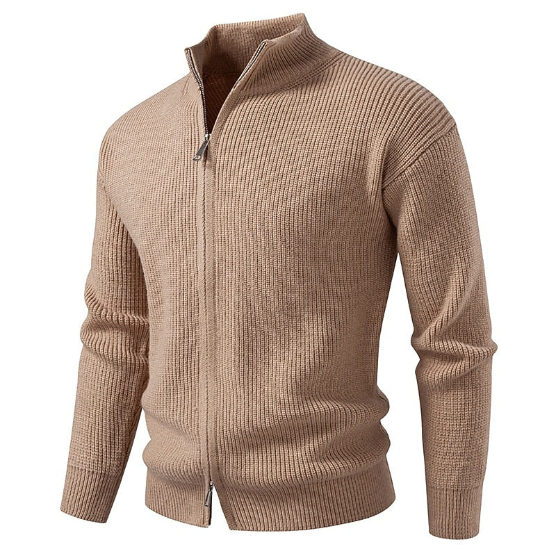 Vertical Rib Stand-Collar Zip Cardigan