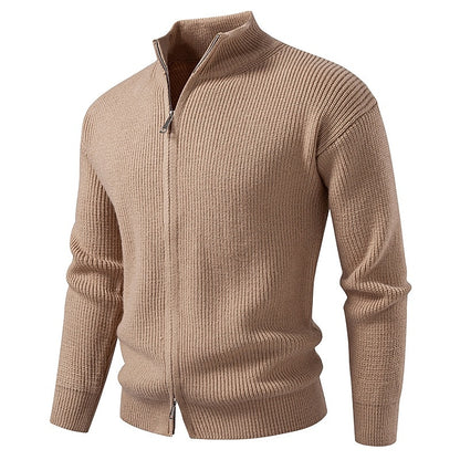 Vertical Rib Stand-Collar Zip Cardigan