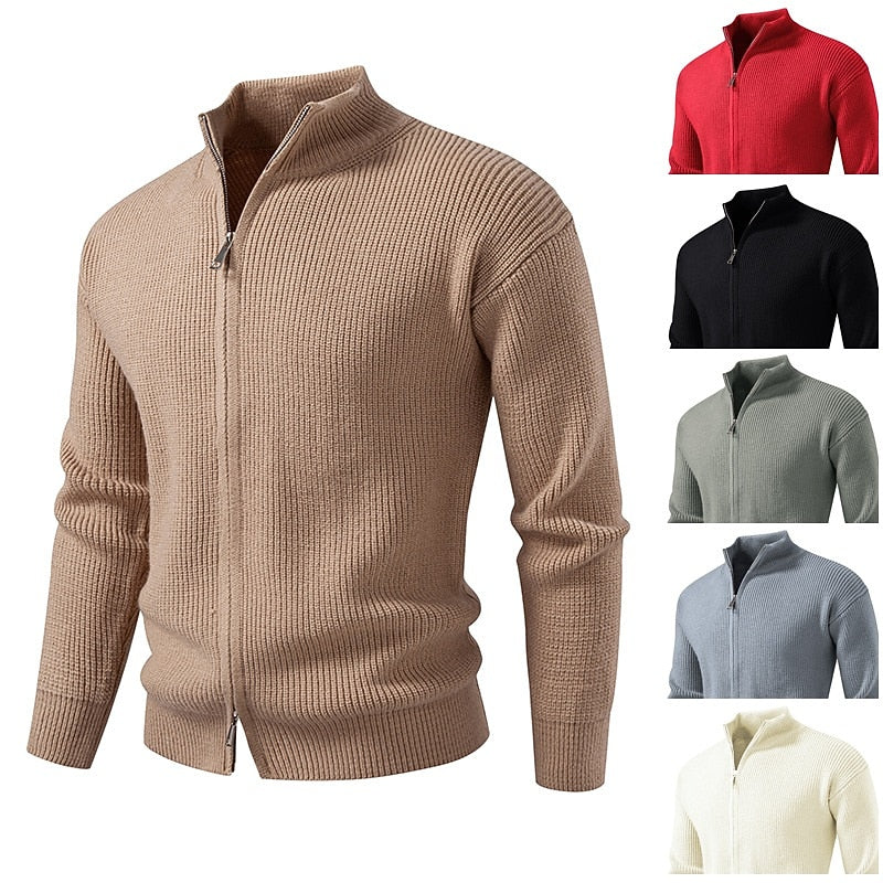 Vertical Rib Stand-Collar Zip Cardigan