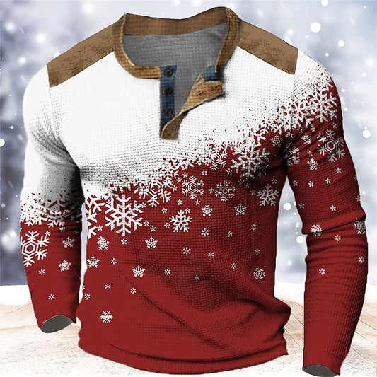 Snowflake Color-Block Henley Long Sleeve T-Shirt