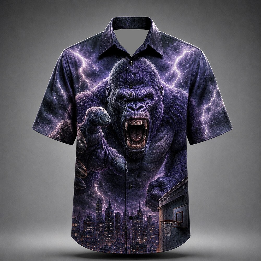 Men's Evil Gorilla Print Short Sleeve Horror Button-Down Shirt