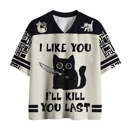 Men's Black & White Cat Number Graphic Print Short Sleeve Sports Jersey T-Shirt