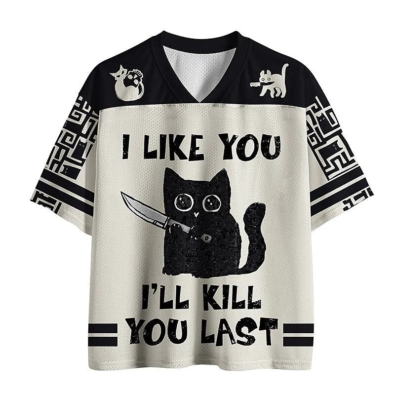 Men's Black Cat Stack Print Short Sleeve Cute Jersey T-Shirt