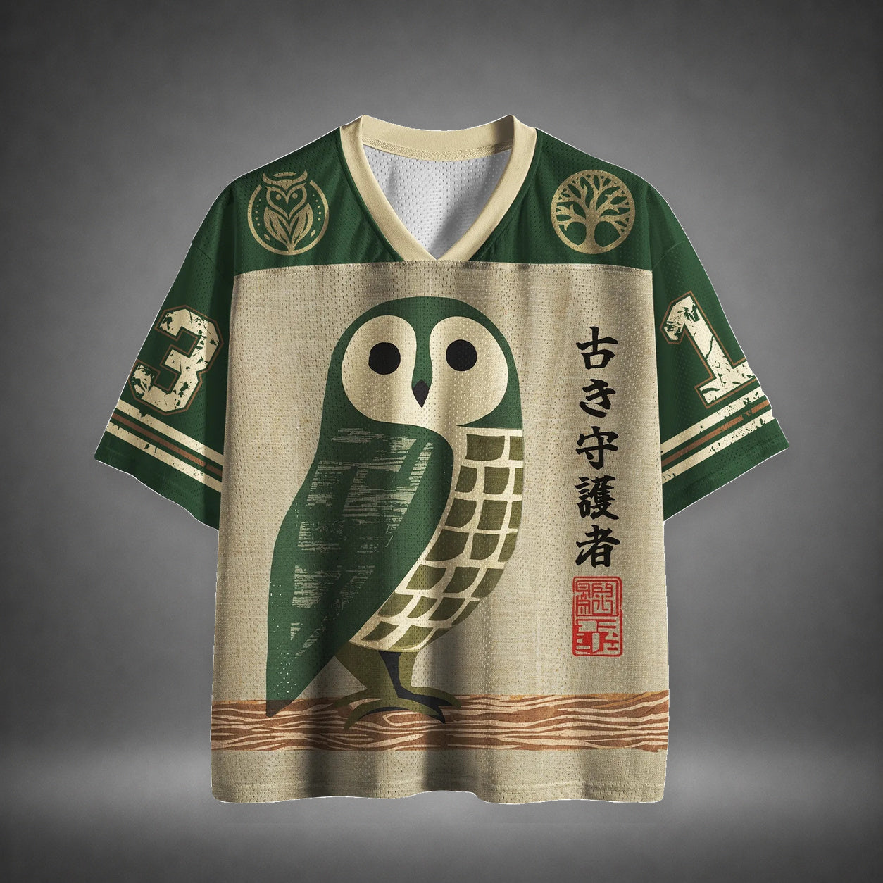 Men's Owl Japanese Totem Print Short Sleeve Vintage Jersey T-Shirt