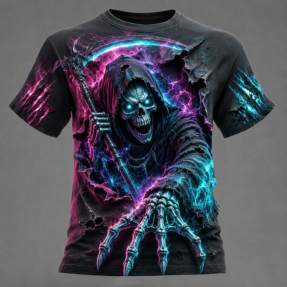 Men's Icy Grim Reaper Print Short Sleeve Dark T-Shirt