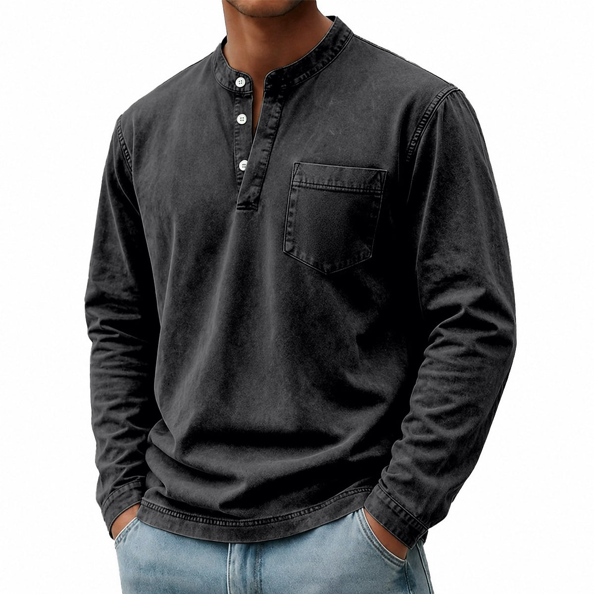 Washed Pocket Henley Long Sleeve T-Shirt