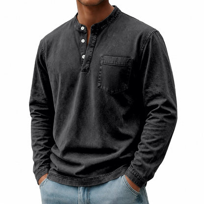 Washed Pocket Henley Long Sleeve T-Shirt