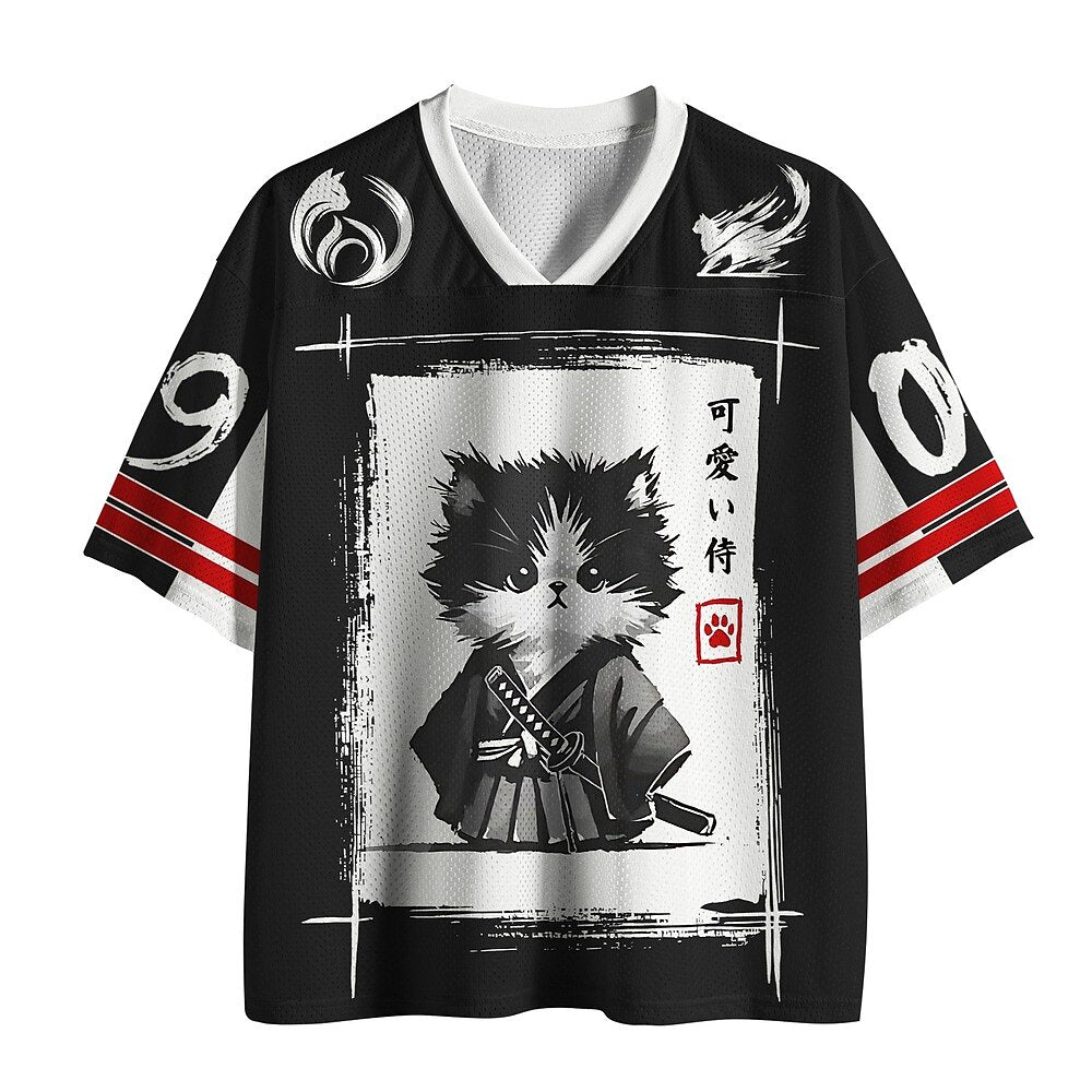 Men's Black & White Cat Graphic V-Neck Sports Jersey
