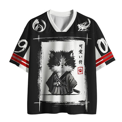 Men's Black & White Cat Graphic V-Neck Sports Jersey