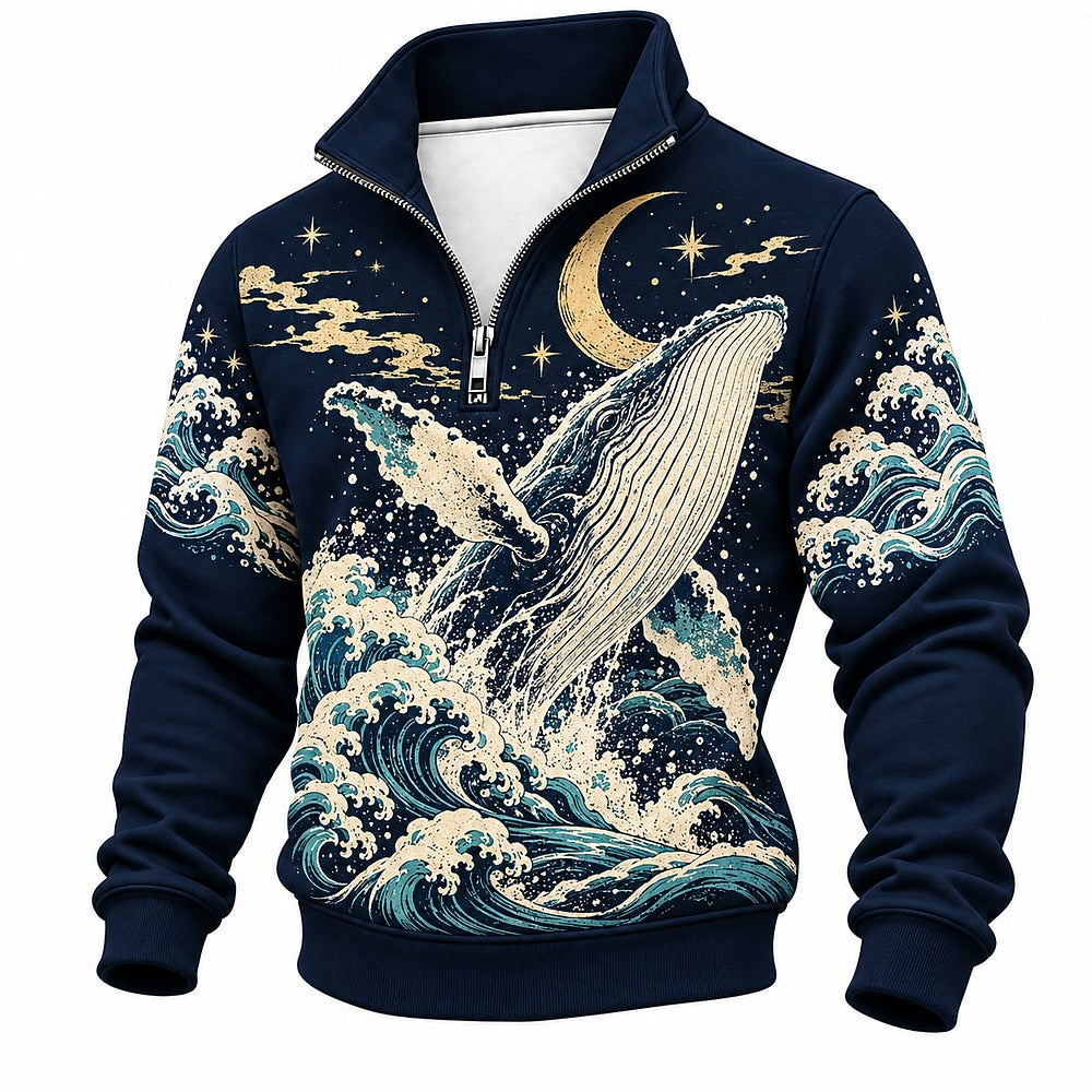 Moonlit Breaching Whale Half-Zip Sweatshirt