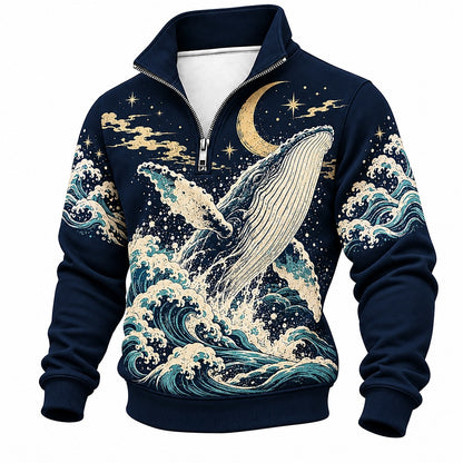Moonlit Breaching Whale Half-Zip Sweatshirt